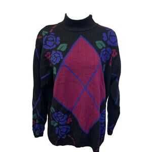 🖤 Vintage Casual Corner US M Black Sweater Magenta Argyle Rose Knit 90s Cozy